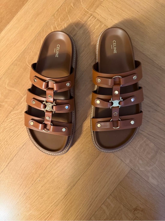 Celine Shoes - Celine Tan Brown Triple-Strap Logo Slide Sandals. Brand new!